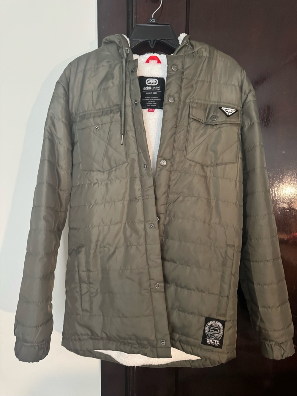 Ecko Unlimited Olive Quilted Sherpa-Lined Hooded Jacket